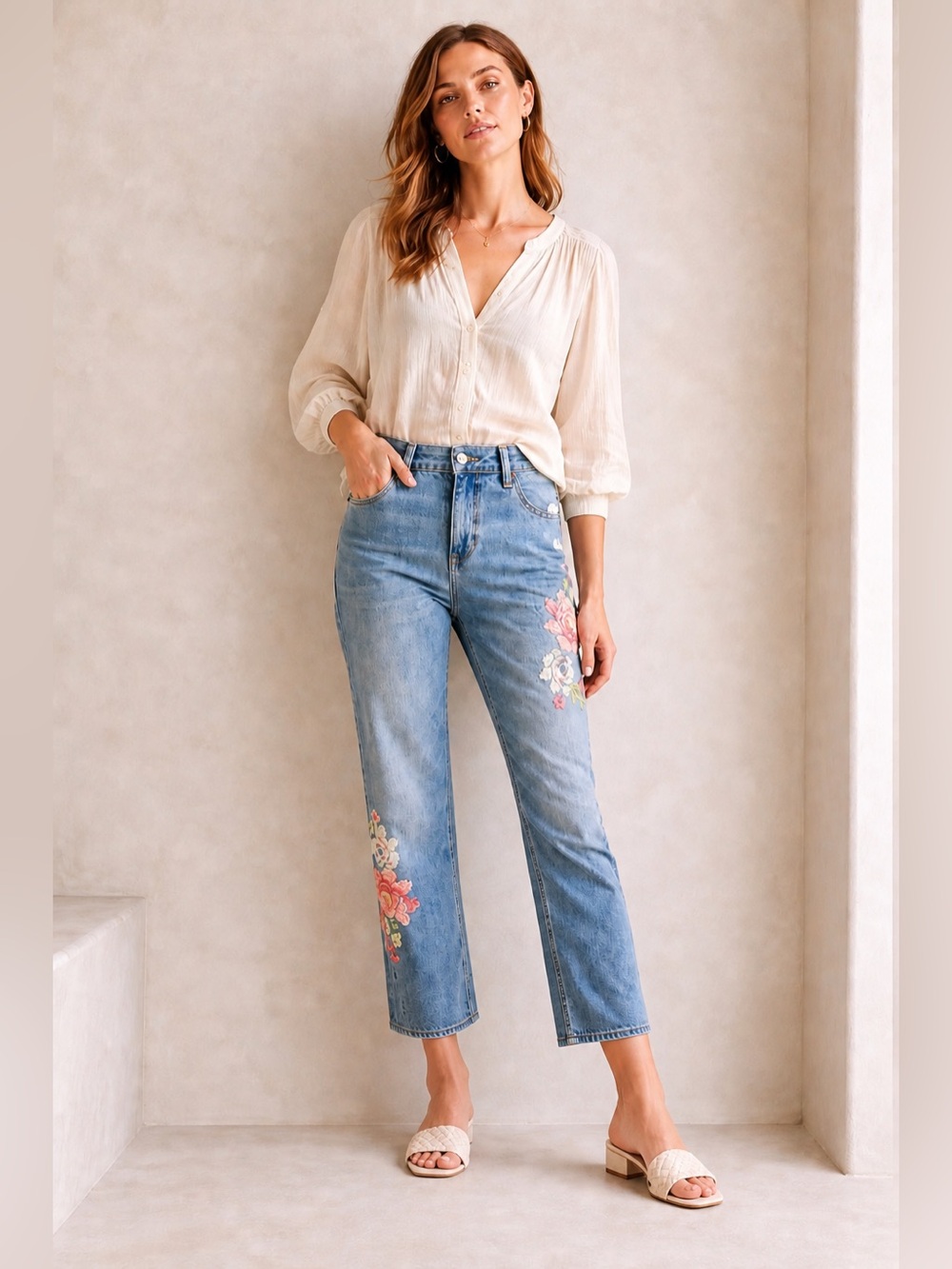 Ditto’s Floral Embroidered Jeans Size 8 Boho Straight Leg Cropped Denim Festival